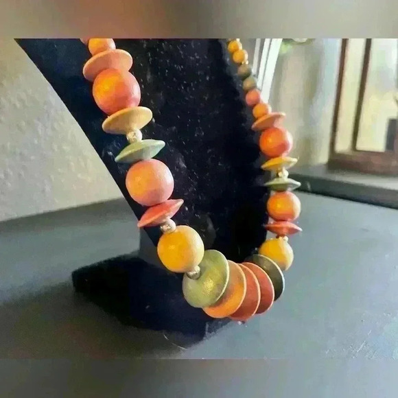 African Multicolor Wooden Beads Tribal Boho Necklace 22” - Picture 2 of 4